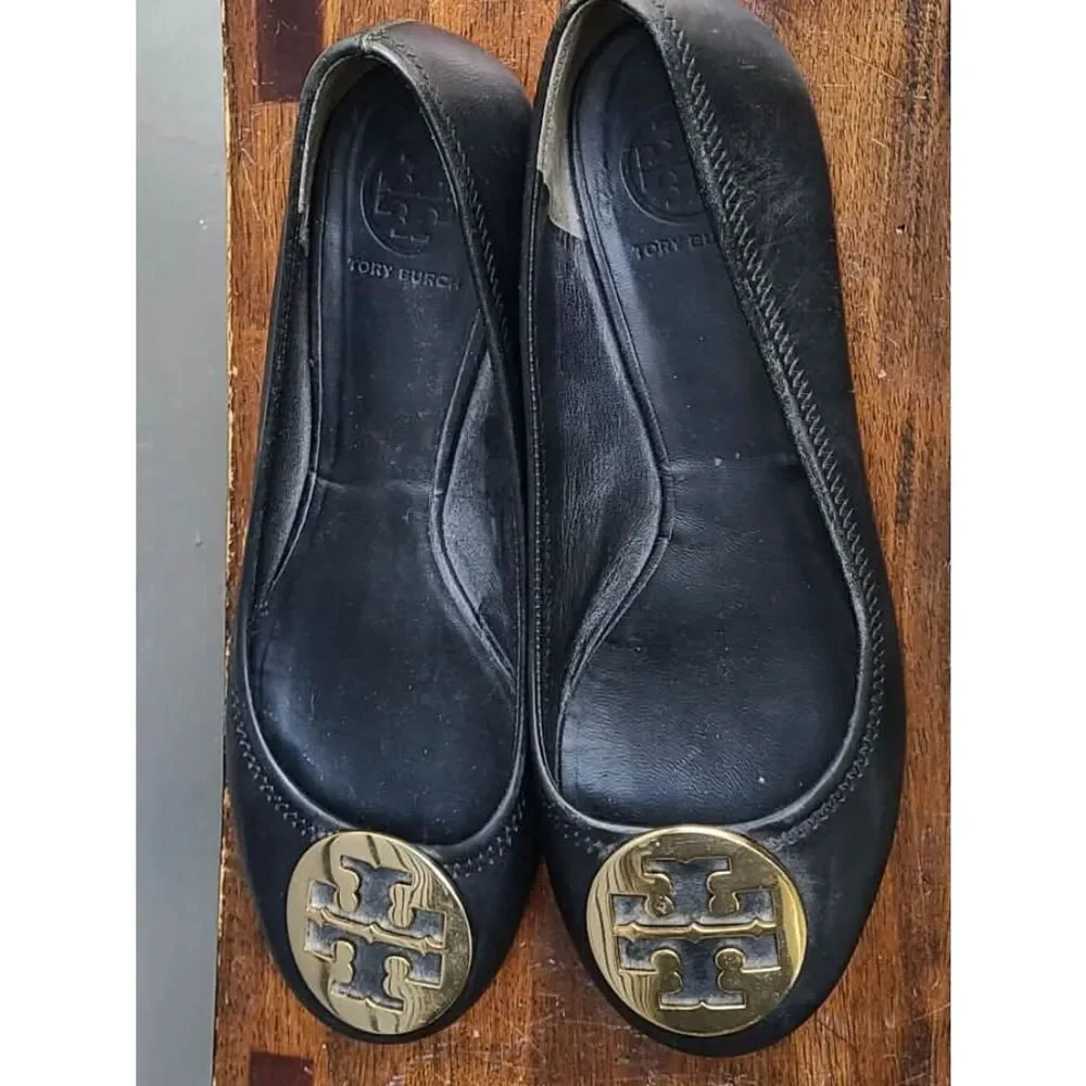 Tory Burch Black Reva Black Leather Ballet with Gold Logo size 9M
